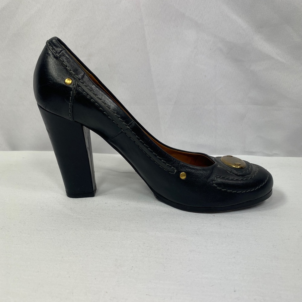 Chloe Front Brass Plate Block Heel Pump Round Toe Blk White Contrast Stitch 37.5 - Picture 12 of 16